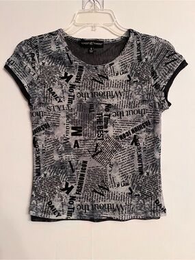 VTG Y2K Almost Famous Newspaper Print Mesh Top S